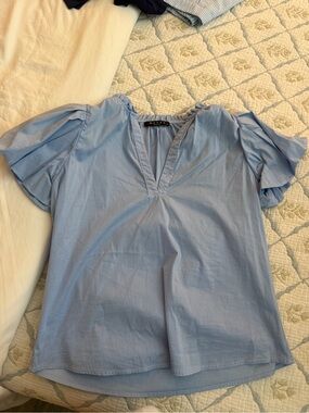Maven West Light Blue Puff Sleeve V-Neck Blouse